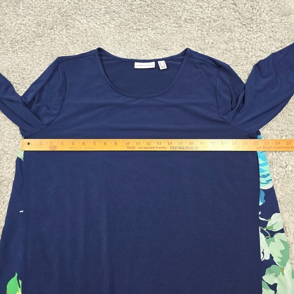 Susan Graver Top Women Large Tunic Blue Liquid Knit 3/4 Sleeve Flowers Career‎ - Picture 8 of 11
